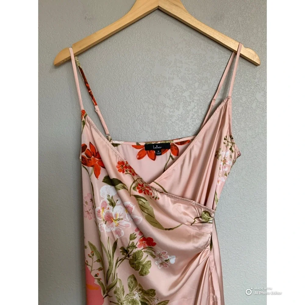 Lulu's Pink Floral Midi Slip Dress with Orange Floral Accents NWOT - Picture 4 of 16